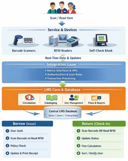 Library Management Software (LMS) How Does a Library Management System (LMS) Integrate RFID, Barcode, and Self-Check Technologies